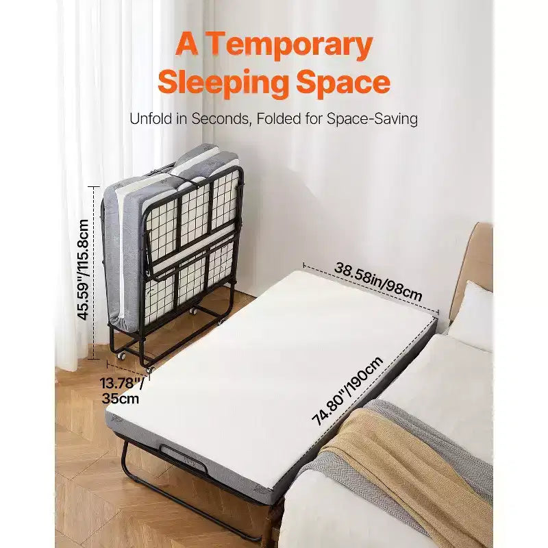 Lit d'appoint pliant, 96,5 cm x 190,5 cm avec matelas de 12,7 cm, lit pliant double avec cadre métallique robuste et matelas en mousse à mémoire de forme