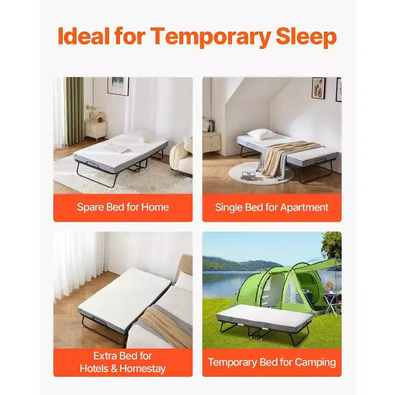 Lit d'appoint pliant, 96,5 cm x 190,5 cm avec matelas de 12,7 cm, lit pliant double avec cadre métallique robuste et matelas en mousse à mémoire de forme