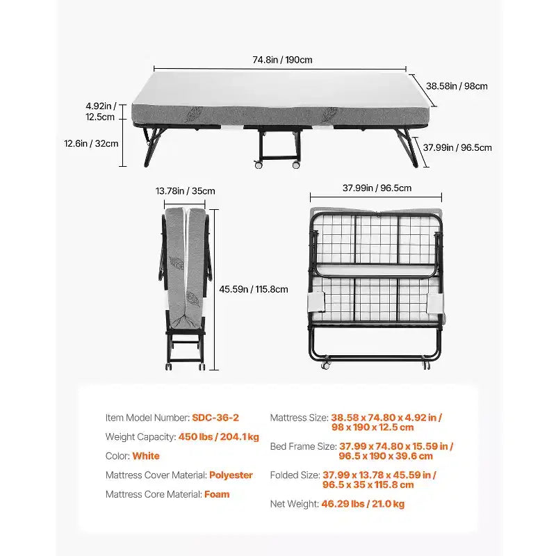 Lit d'appoint pliant, 96,5 cm x 190,5 cm avec matelas de 12,7 cm, lit pliant double avec cadre métallique robuste et matelas en mousse à mémoire de forme