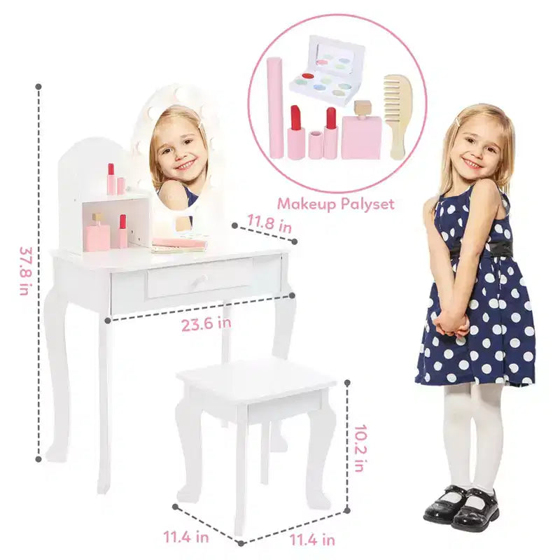 Coiffeuse enfant avec tabouret - Table de maquillage Princesse en bois avec miroir, cosmétiques de jeu et rangement