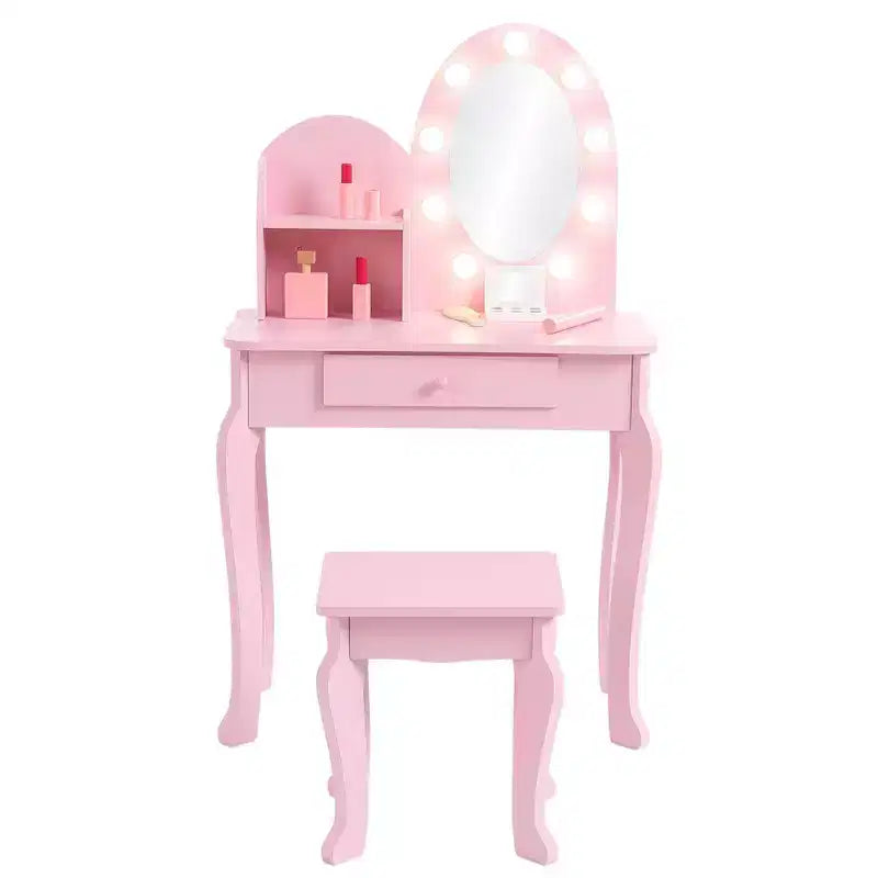 Coiffeuse enfant avec tabouret - Table de maquillage Princesse en bois avec miroir, cosmétiques de jeu et rangement