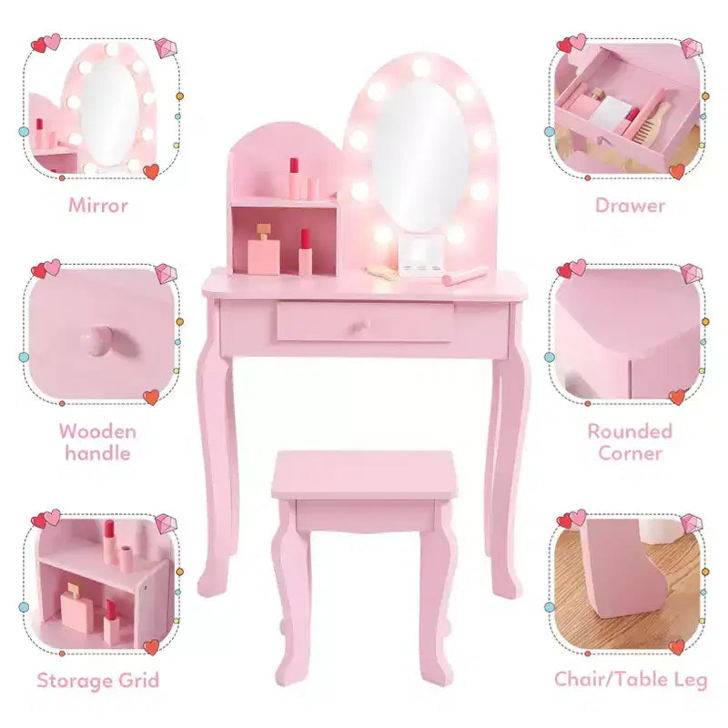 Coiffeuse enfant avec tabouret - Table de maquillage Princesse en bois avec miroir, cosmétiques de jeu et rangement