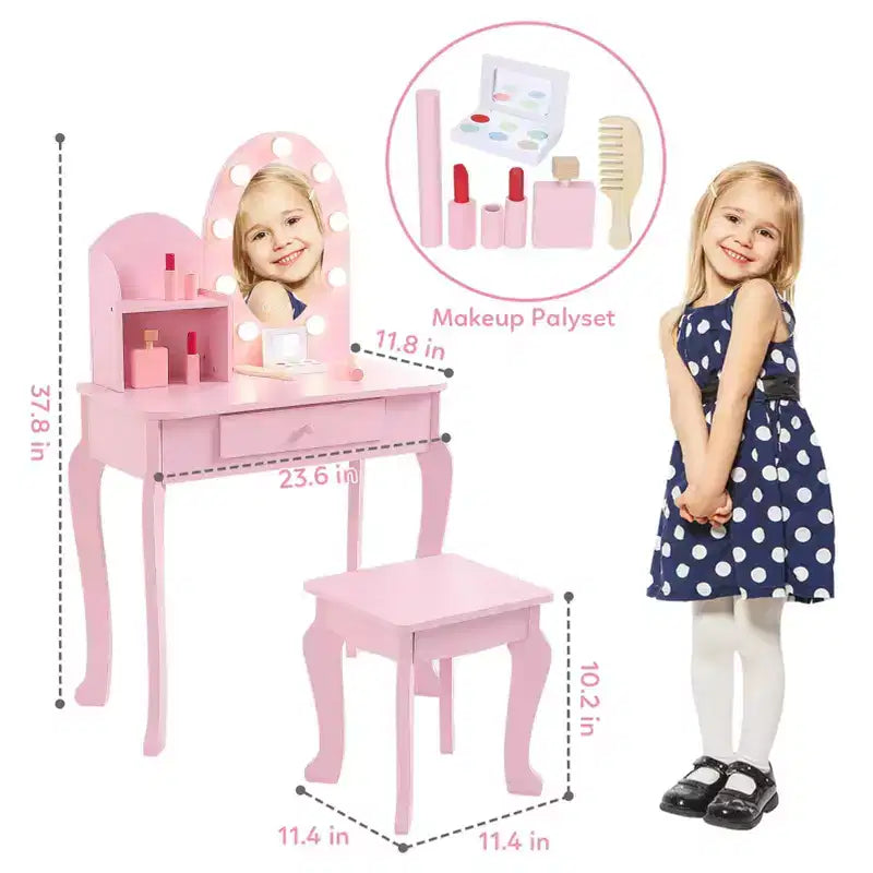 Coiffeuse enfant avec tabouret - Table de maquillage Princesse en bois avec miroir, cosmétiques de jeu et rangement