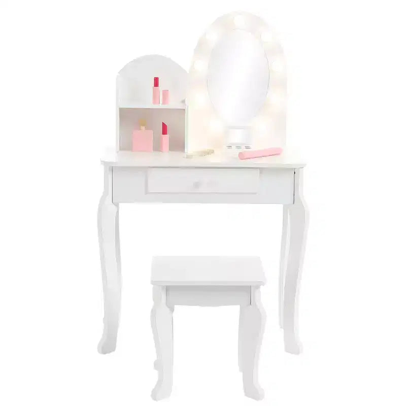 Coiffeuse enfant avec tabouret - Table de maquillage Princesse en bois avec miroir, cosmétiques de jeu et rangement