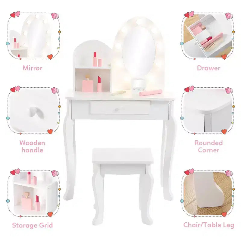 Coiffeuse enfant avec tabouret - Table de maquillage Princesse en bois avec miroir, cosmétiques de jeu et rangement