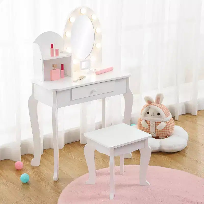 Coiffeuse enfant avec tabouret - Table de maquillage Princesse en bois avec miroir, cosmétiques de jeu et rangement