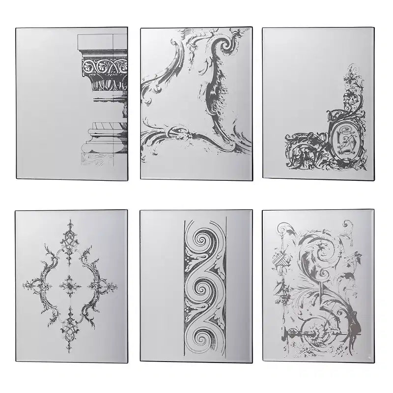 Lot de six miroirs décoratifs encadrés de métal noir vieilli