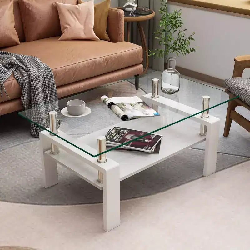 Table basse rectangulaire, plateau en verre trempé avec couche en MDF, table moderne pour le salon, verre transparent