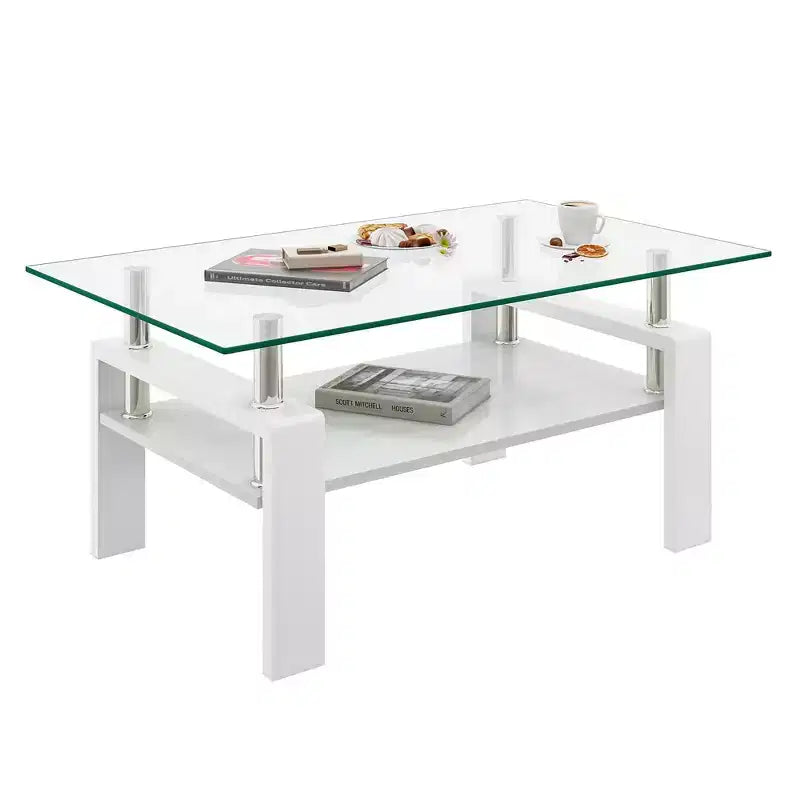 Table basse rectangulaire, plateau en verre trempé avec couche en MDF, table moderne pour le salon, verre transparent