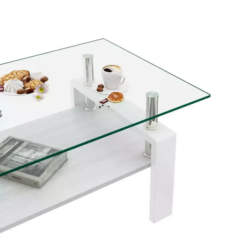 Table basse rectangulaire, plateau en verre trempé avec couche en MDF, table moderne pour le salon, verre transparent