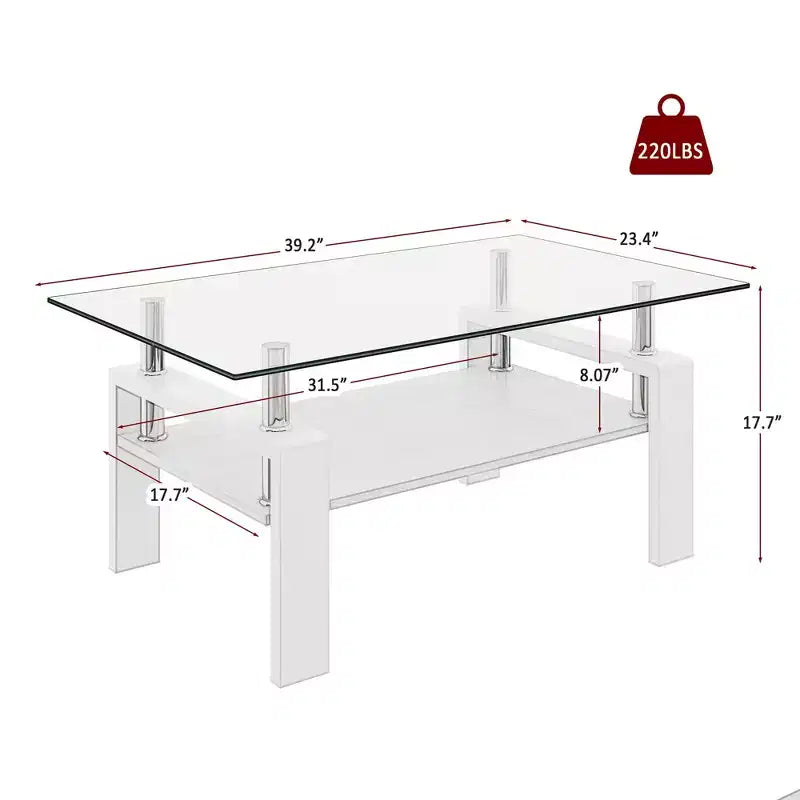 Table basse rectangulaire, plateau en verre trempé avec couche en MDF, table moderne pour le salon, verre transparent