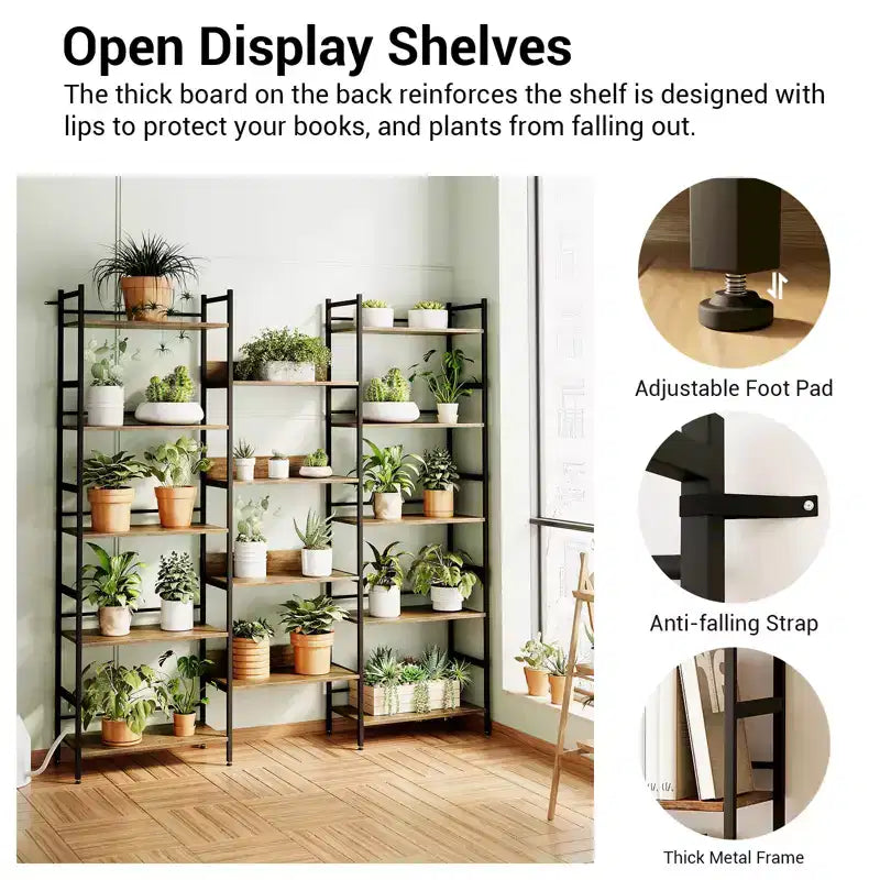 5 Tier Book Shelf, Vintage Storage Rack with Open Shelves, Metal Frame, Freestanding Storage Shelf, for Living Room, Home, Office