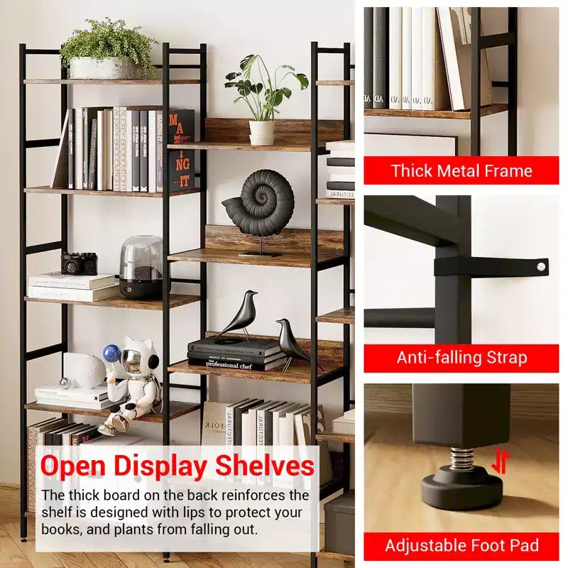 5 Tier Book Shelf, Vintage Storage Rack with Open Shelves, Metal Frame, Freestanding Storage Shelf, for Living Room, Home, Office