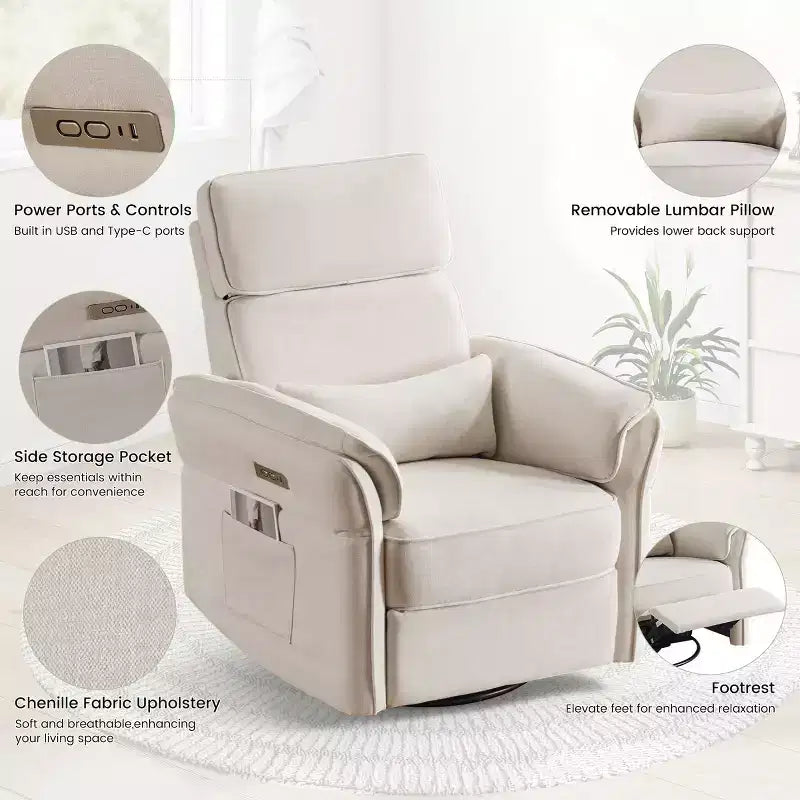 Fauteuil inclinable pivotant et coulissant avec appuie-têtes et accoudoirs réglables
