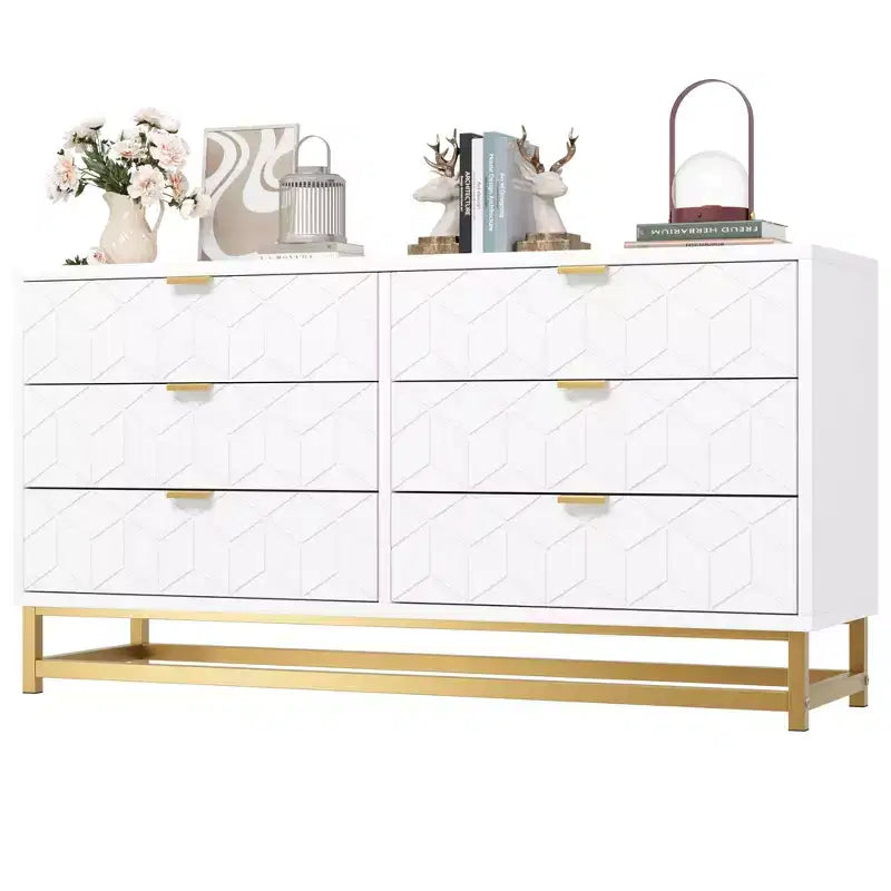 Commode pour Chambre à Coucher, Grande Commode de Rangement de 136 cm, Commode à 6 Tiroirs avec Poignées et Pieds en Métal Doré, Commodes à Tiroirs