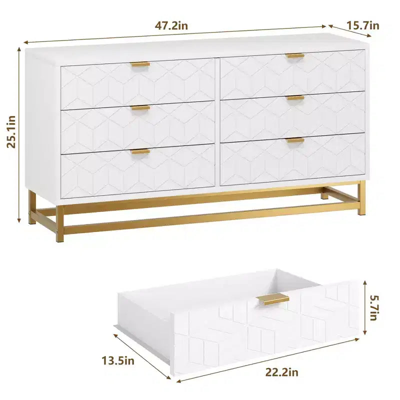 Commode pour Chambre à Coucher, Grande Commode de Rangement de 136 cm, Commode à 6 Tiroirs avec Poignées et Pieds en Métal Doré, Commodes à Tiroirs