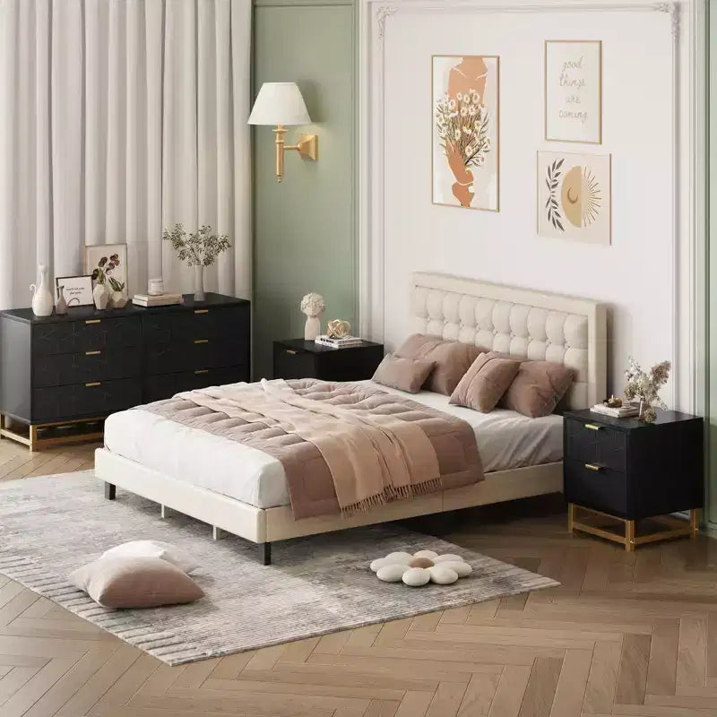 Commode pour Chambre à Coucher, Grande Commode de Rangement de 136 cm, Commode à 6 Tiroirs avec Poignées et Pieds en Métal Doré, Commodes à Tiroirs