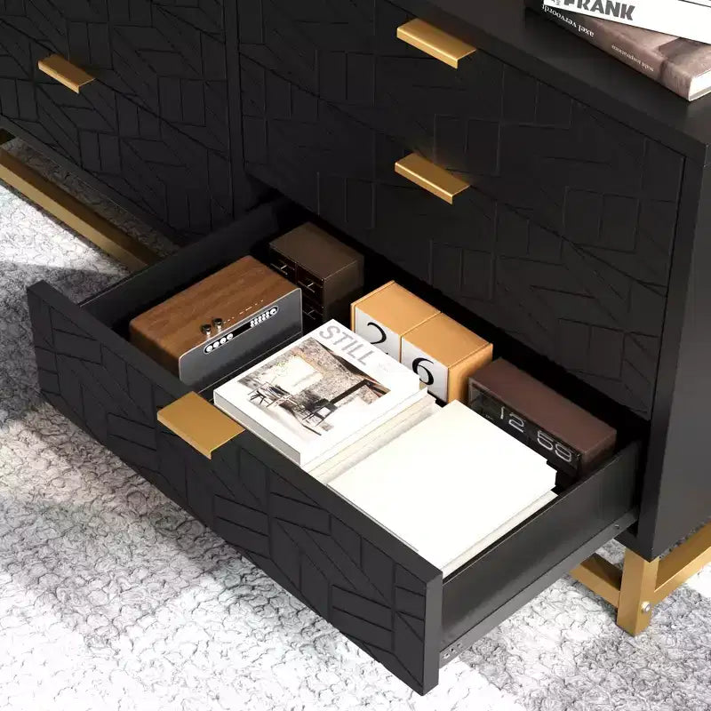 Commode pour Chambre à Coucher, Grande Commode de Rangement de 136 cm, Commode à 6 Tiroirs avec Poignées et Pieds en Métal Doré, Commodes à Tiroirs
