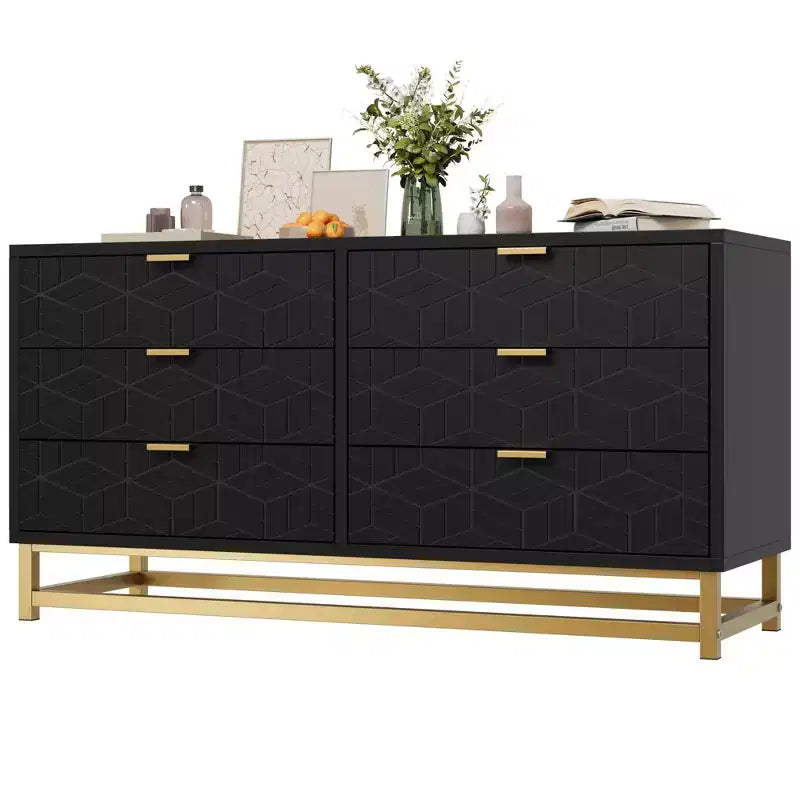 Commode pour Chambre à Coucher, Grande Commode de Rangement de 136 cm, Commode à 6 Tiroirs avec Poignées et Pieds en Métal Doré, Commodes à Tiroirs