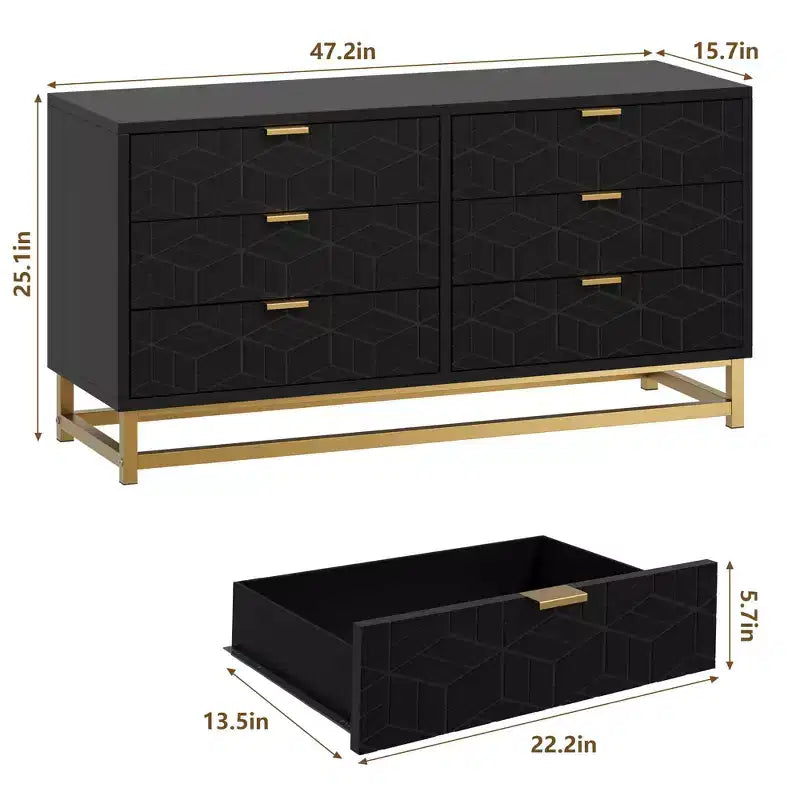 Commode pour Chambre à Coucher, Grande Commode de Rangement de 136 cm, Commode à 6 Tiroirs avec Poignées et Pieds en Métal Doré, Commodes à Tiroirs