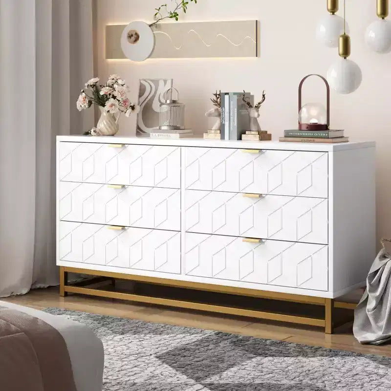 Commode pour Chambre à Coucher, Grande Commode de Rangement de 136 cm, Commode à 6 Tiroirs avec Poignées et Pieds en Métal Doré, Commodes à Tiroirs