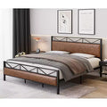 Bed Frame with Headboard, Industrial Platform Upholstered King Bed Frame with 14 Strong Metal Slats Support, 11'' Under-Bed Storage, Brown