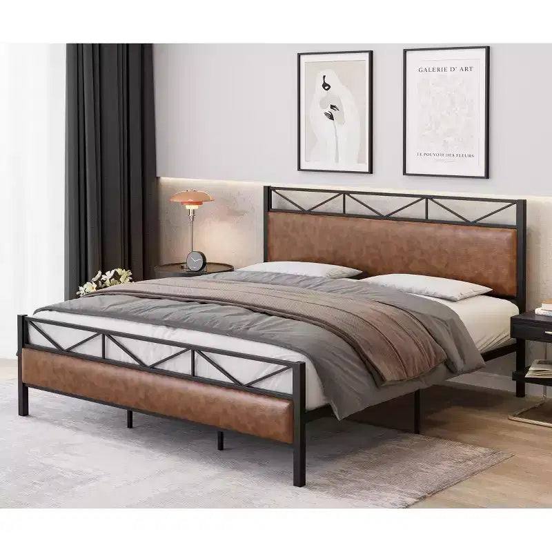 Bed Frame with Headboard, Industrial Platform Upholstered King Bed Frame with 14 Strong Metal Slats Support, 11'' Under-Bed Storage, Brown