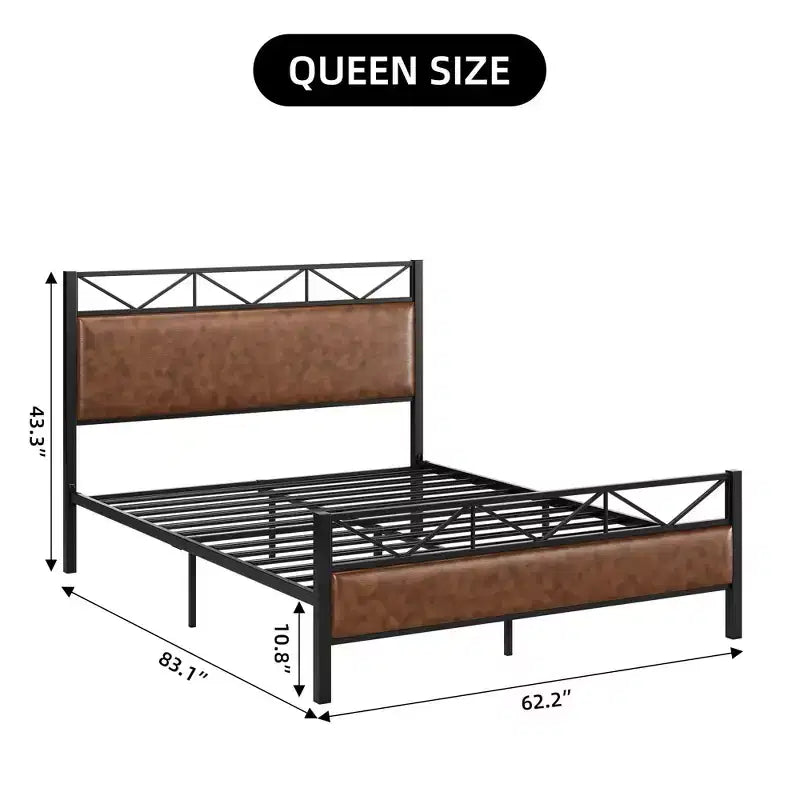 Cadre de lit avec tête de lit, plateforme industrielle rembourrée, lit King Size avec 14 lattes métalliques robustes, rangement sous le lit de 28 cm, marron