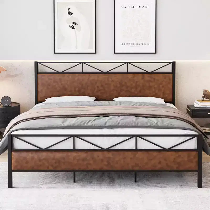 Cadre de lit avec tête de lit, plateforme industrielle rembourrée, lit King Size avec 14 lattes métalliques robustes, rangement sous le lit de 28 cm, marron