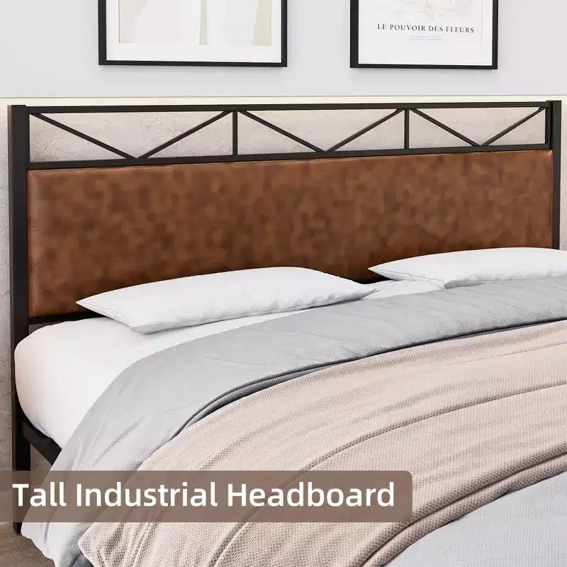 Cadre de lit avec tête de lit, plateforme industrielle rembourrée, lit King Size avec 14 lattes métalliques robustes, rangement sous le lit de 28 cm, marron