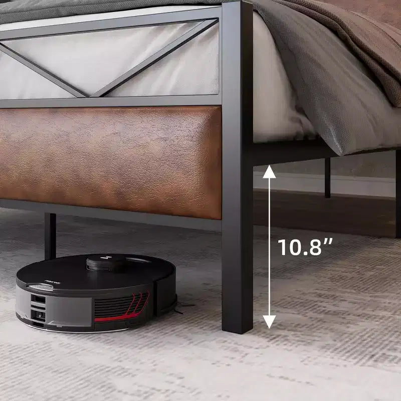 Cadre de lit avec tête de lit, plateforme industrielle rembourrée, lit King Size avec 14 lattes métalliques robustes, rangement sous le lit de 28 cm, marron