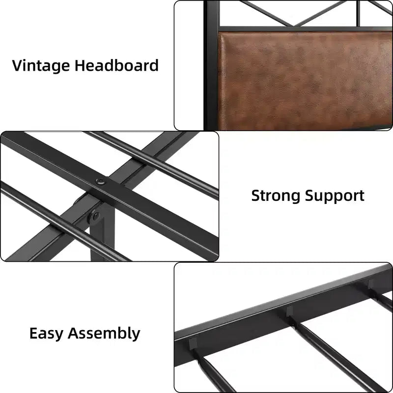 Cadre de lit avec tête de lit, plateforme industrielle rembourrée, lit King Size avec 14 lattes métalliques robustes, rangement sous le lit de 28 cm, marron