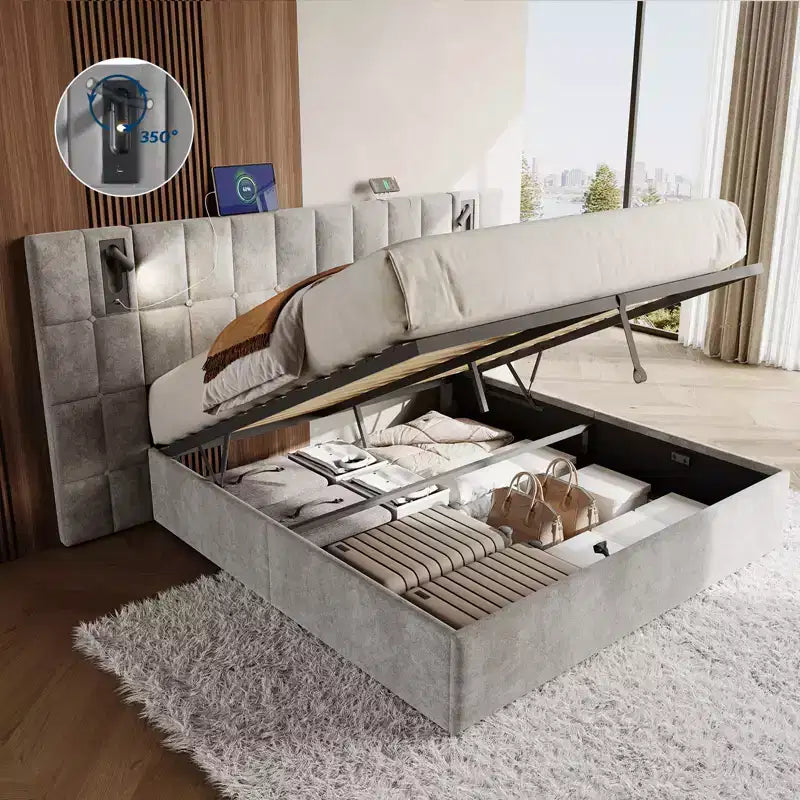 Cadre de lit rembourré avec tête de lit élargie, lit de rangement relevable et lumière intégrée, velours