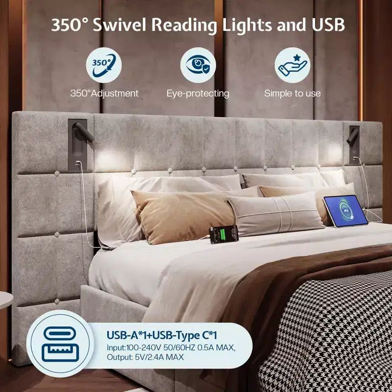 Cadre de lit rembourré avec tête de lit élargie, lit de rangement relevable et lumière intégrée, velours