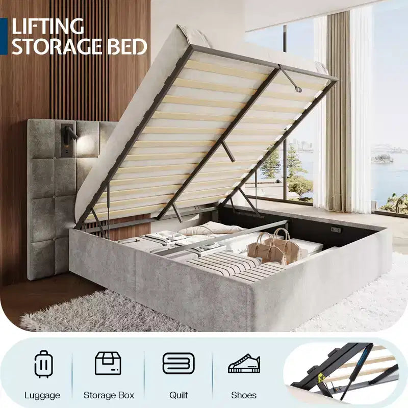Cadre de lit rembourré avec tête de lit élargie, lit de rangement relevable et lumière intégrée, velours