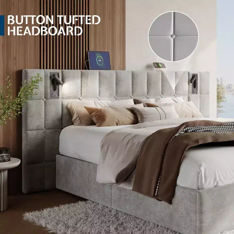 Cadre de lit rembourré avec tête de lit élargie, lit de rangement relevable et lumière intégrée, velours