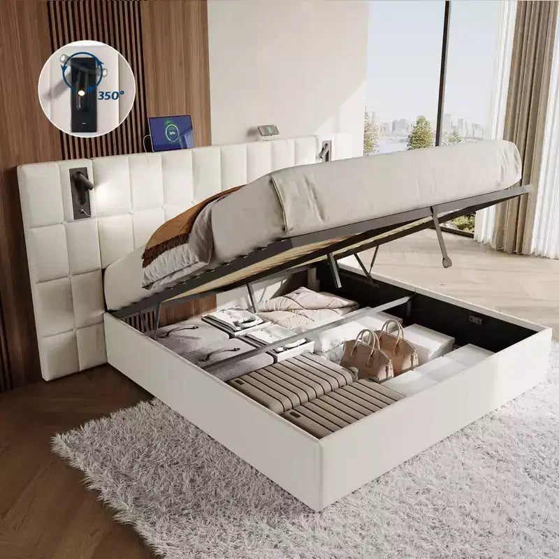 Cadre de lit rembourré avec tête de lit élargie, lit de rangement relevable et lumière intégrée, velours