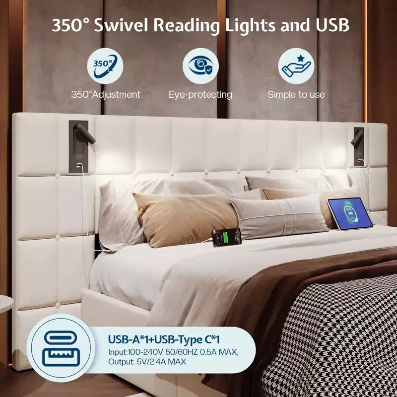 Cadre de lit rembourré avec tête de lit élargie, lit de rangement relevable et lumière intégrée, velours