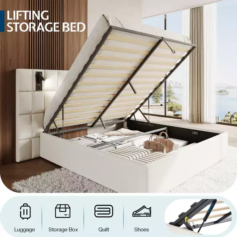 Cadre de lit rembourré avec tête de lit élargie, lit de rangement relevable et lumière intégrée, velours