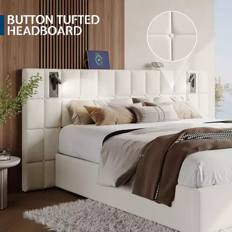 Cadre de lit rembourré avec tête de lit élargie, lit de rangement relevable et lumière intégrée, velours