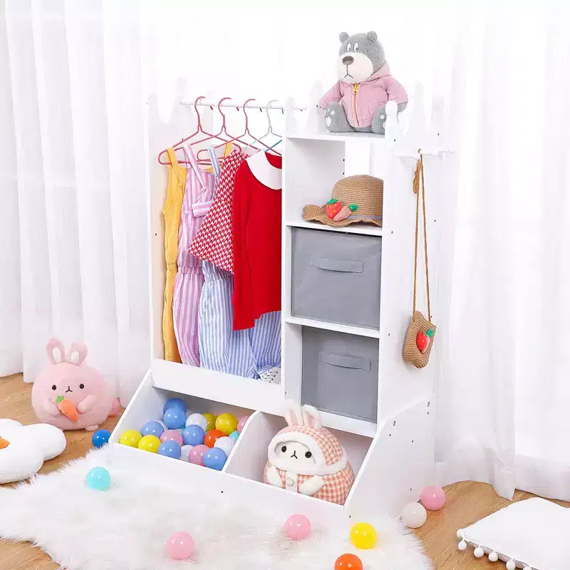 Armoire de princesse avec miroir, centre de déguisement complet avec rangement, étagères à 4 niveaux et bacs en tissu, organisateur de placard pour enfants pour vêtements, jouets, chaussures