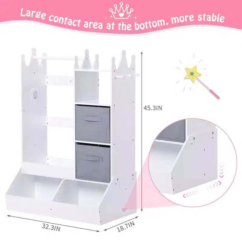 Armoire de princesse avec miroir, centre de déguisement complet avec rangement, étagères à 4 niveaux et bacs en tissu, organisateur de placard pour enfants pour vêtements, jouets, chaussures