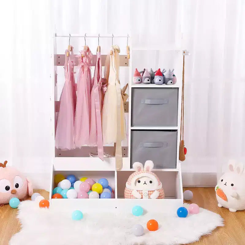 Armoire de princesse avec miroir, centre de déguisement complet avec rangement, étagères à 4 niveaux et bacs en tissu, organisateur de placard pour enfants pour vêtements, jouets, chaussures