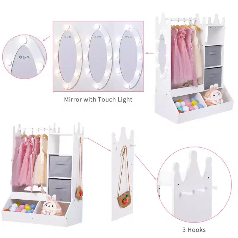 Armoire de princesse avec miroir, centre de déguisement complet avec rangement, étagères à 4 niveaux et bacs en tissu, organisateur de placard pour enfants pour vêtements, jouets, chaussures