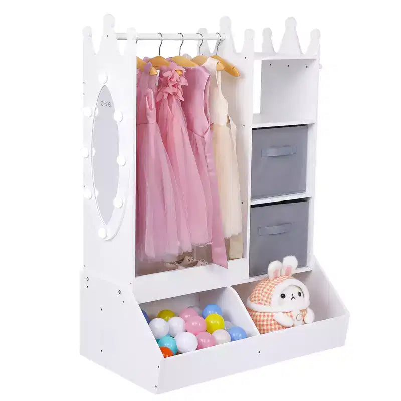 Armoire de princesse avec miroir, centre de déguisement complet avec rangement, étagères à 4 niveaux et bacs en tissu, organisateur de placard pour enfants pour vêtements, jouets, chaussures