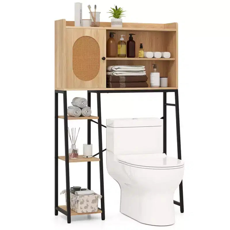 Meuble de rangement WC au-dessus des toilettes, Organisateur de toilettes peu encombrant avec porte en rotin PE