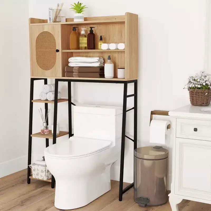 Meuble de rangement WC au-dessus des toilettes, Organisateur de toilettes peu encombrant avec porte en rotin PE
