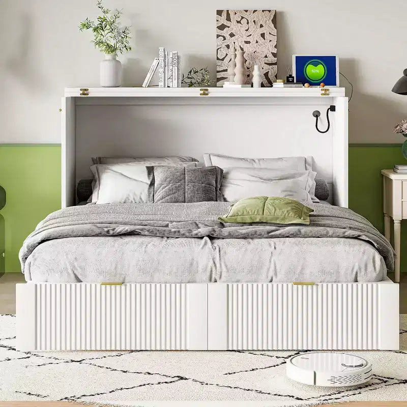 Lit escamotable grand format avec tiroir, prises et ports USB, conception à structure de poulie