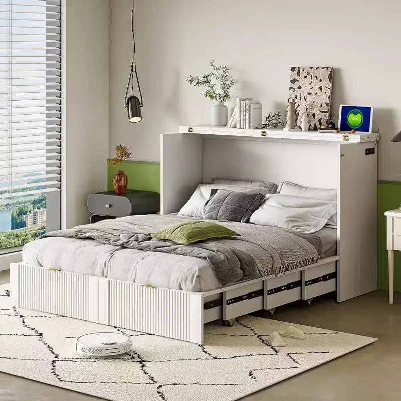 Lit escamotable grand format avec tiroir, prises et ports USB, conception à structure de poulie