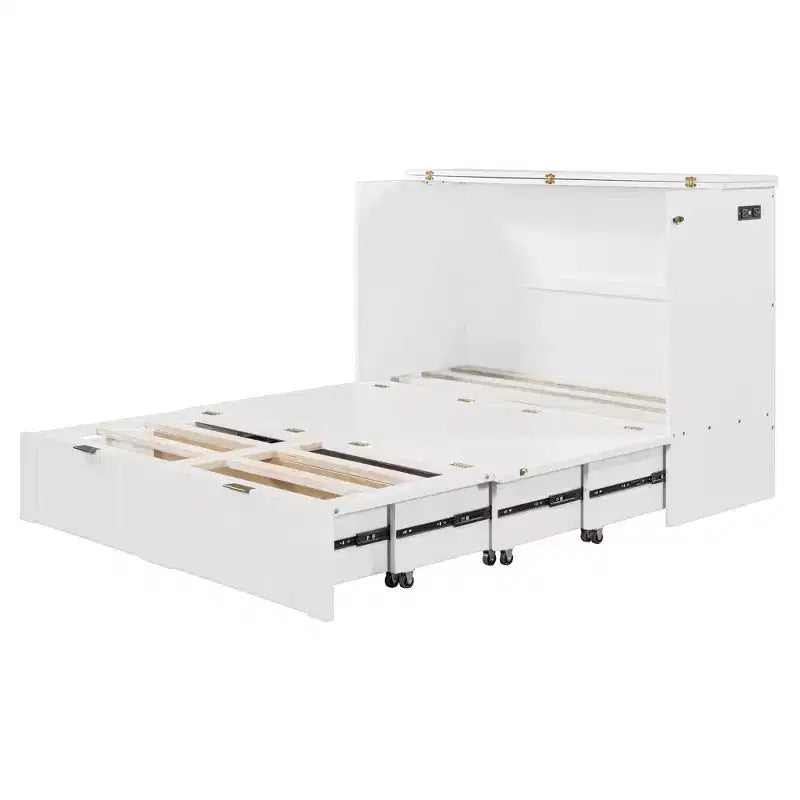 Lit escamotable grand format avec tiroir, prises et ports USB, conception à structure de poulie
